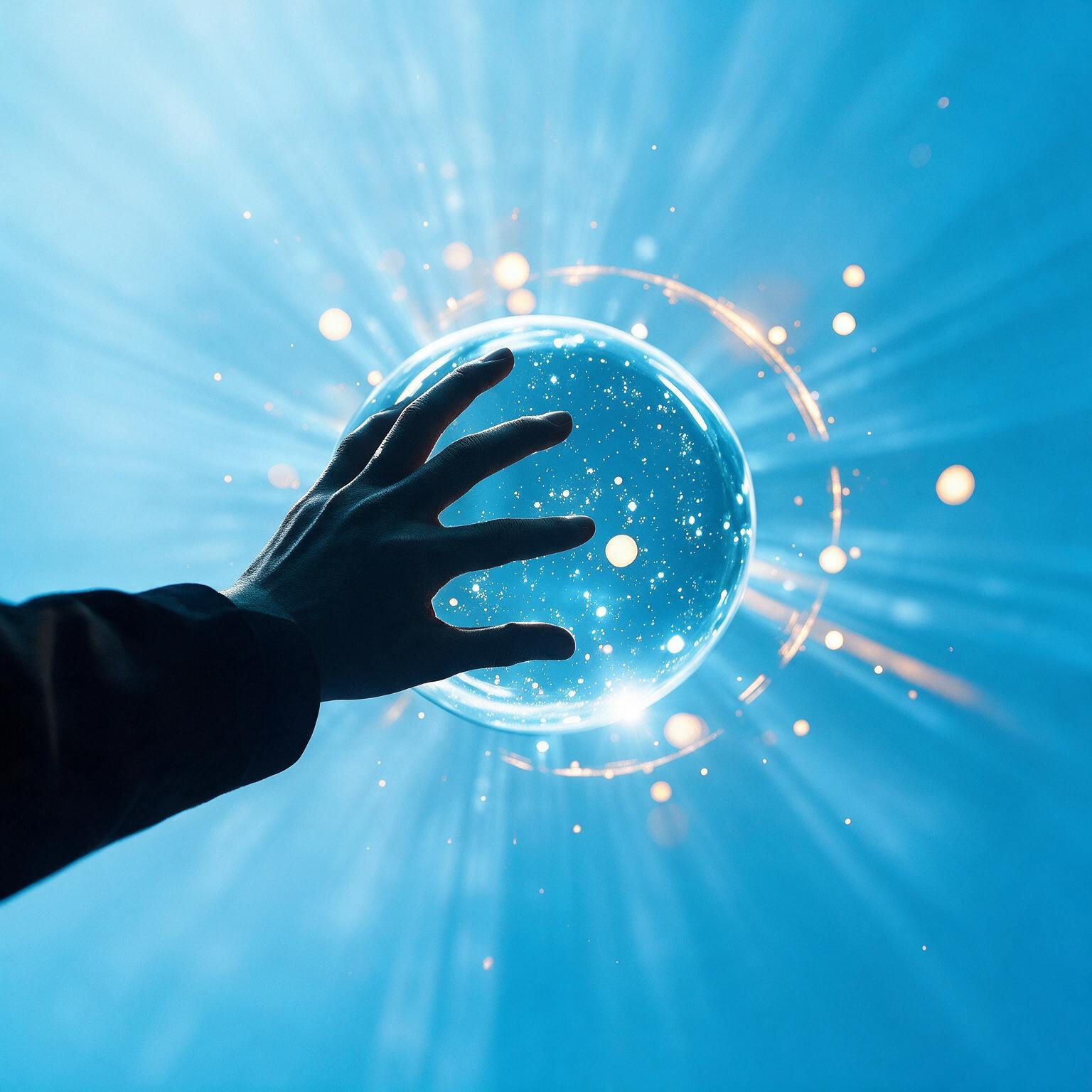 Silhouetted hand reaching into a glowing crystal sphere of light and prophetic data, navy background with golden particles.