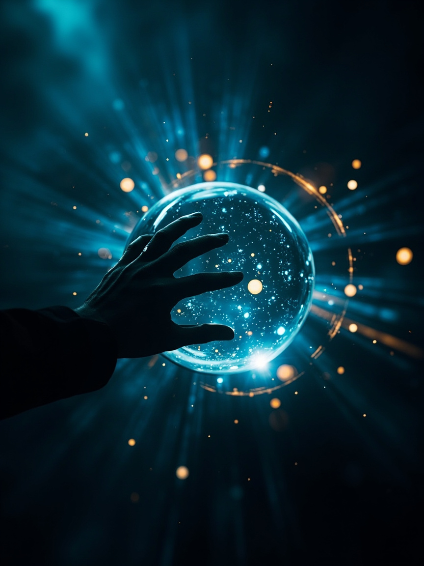 Silhouetted hand reaching into a glowing crystal sphere of light and prophetic data, navy background with golden particles