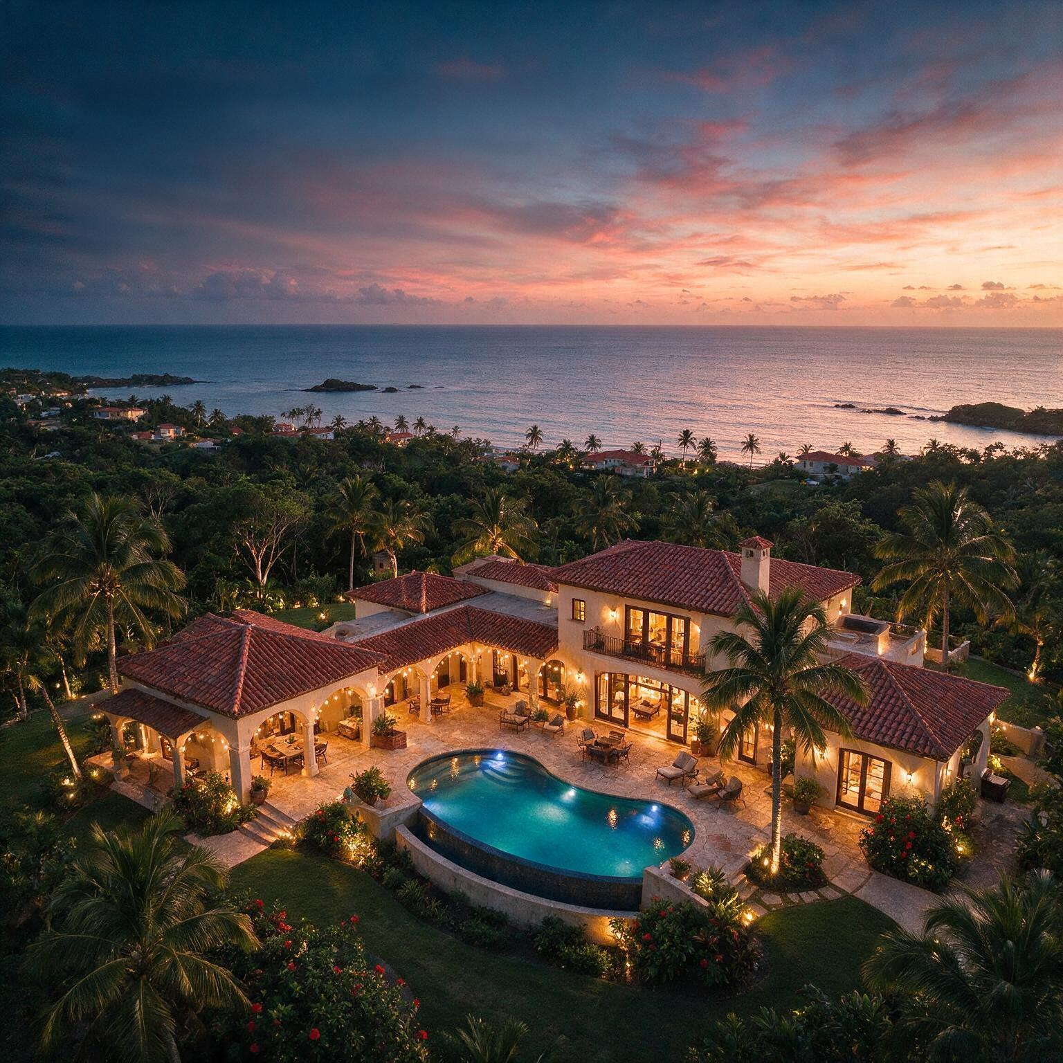 Twilight aerial view of a Puerto Rico hilltop estate overlooking the ocean