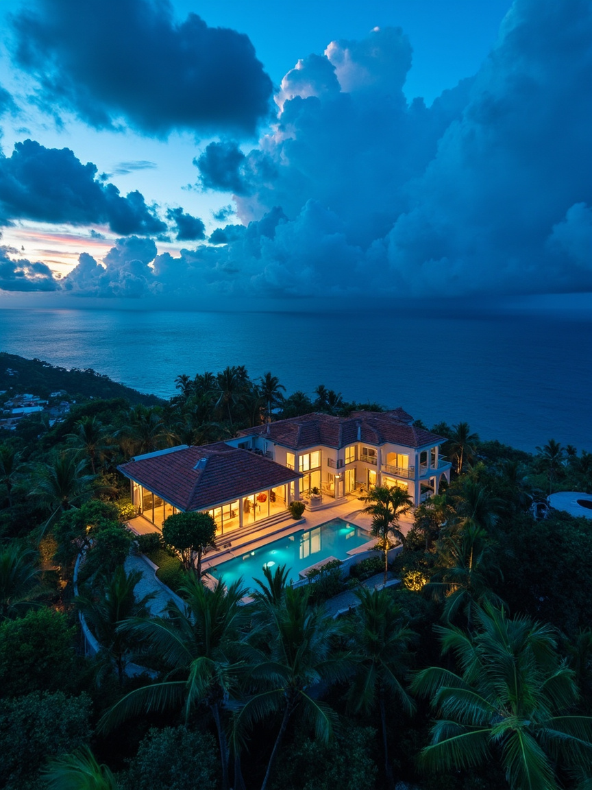 Twilight aerial view of a Puerto Rico hilltop estate overlooking the ocean