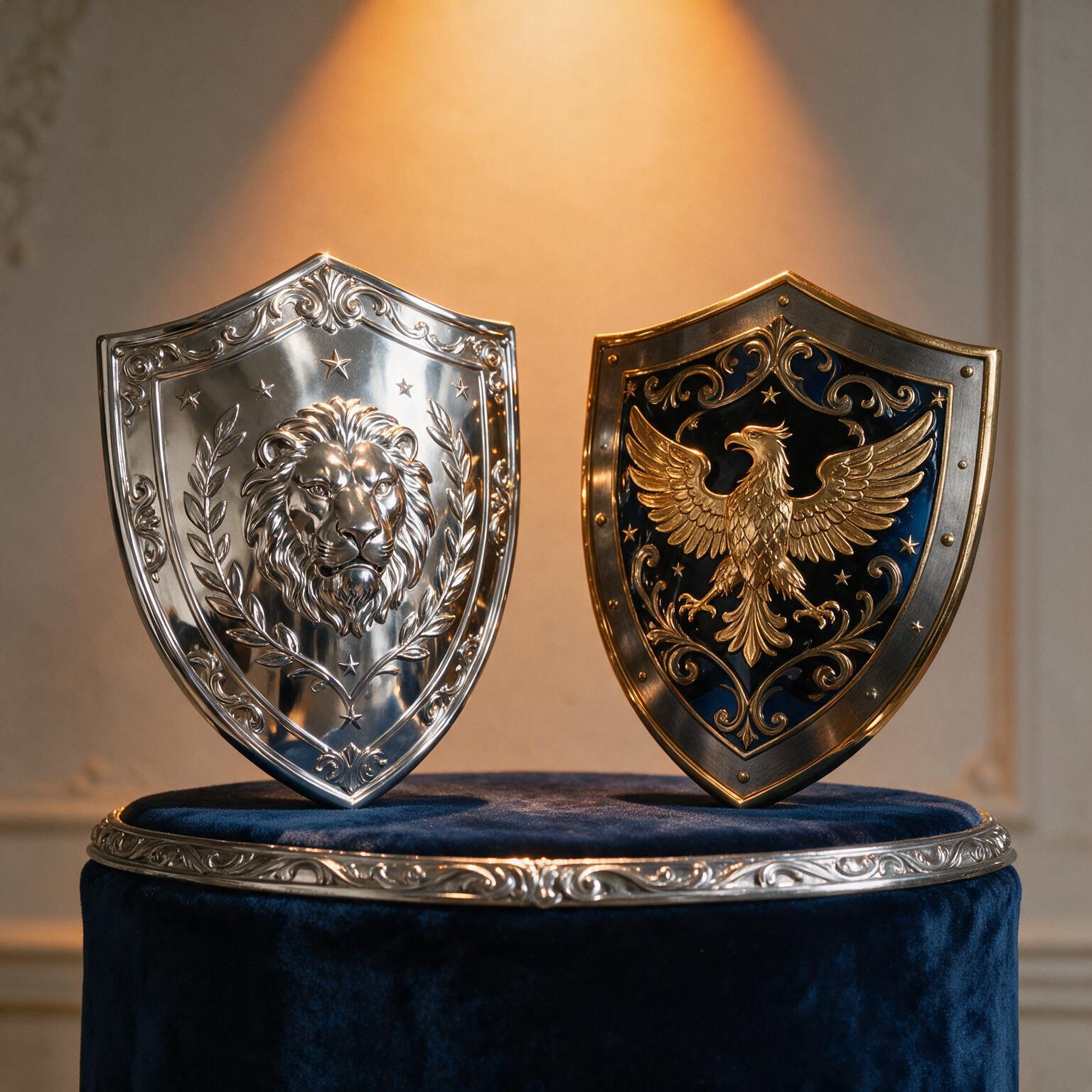 Two polished metal shields side by side on a velvet pedestal in amber spotlight