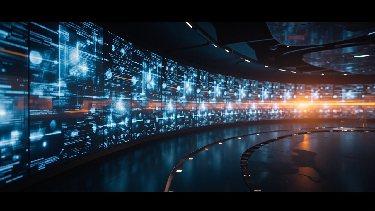 Wall of translucent screens showing pulsing data visualizations, deep navy