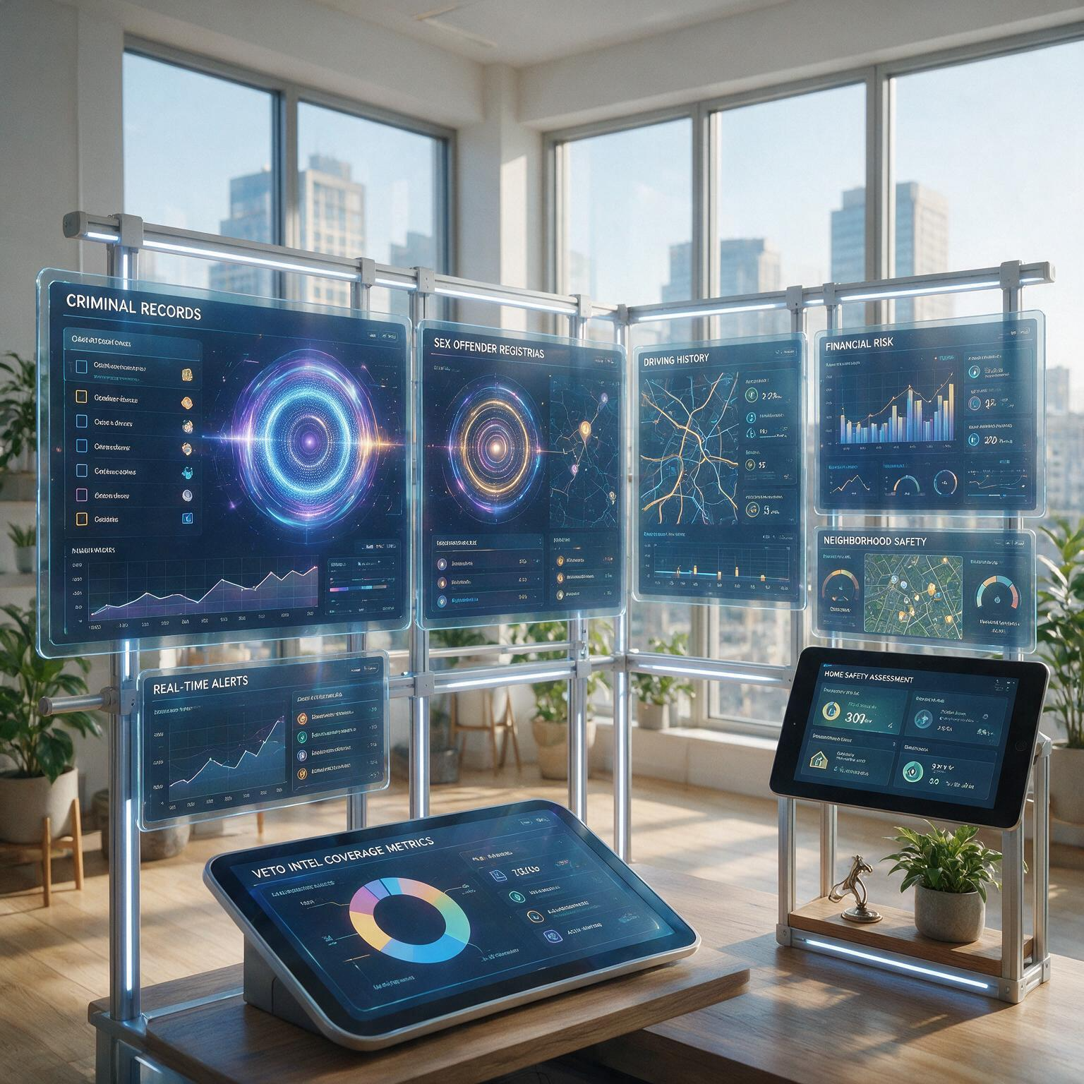 Wall of translucent screens showing pulsing data visualizations, deep navy
